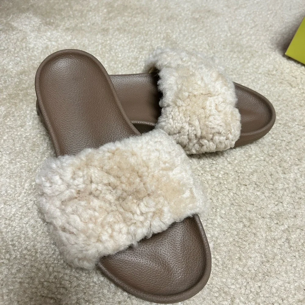 Cozy Shearling UGG Slide Sandals - Cream and Brown - Picture 1 of 6